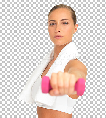 Buy stock photo Fitness, portrait and woman with dumbbell on isolated, transparent and png background. Weights, exercise and face of female serious about workout, training or healthy lifestyle, gym or cardio routine