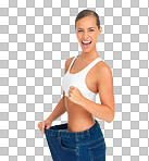 Portrait of happy woman, excited with weightloss, jeans and tummy tuck with skinny waist. Fitness, diet progress and wellness, woman with slim figure and healthy weight isolated on a png background