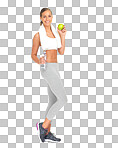 Woman, apple and bottle water in diet planning, healthy eating or weight loss against a isolated on a png background. Portrait of isolated young female holding fruit or liquid for organic food or vitamins