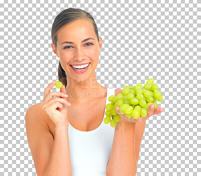 Buy stock photo Happy, wellness and portrait of woman with grapes on png, isolated and transparent background. Happiness, healthy eating and face of girl with fruit snack for nutrition, diet and vitamins for detox