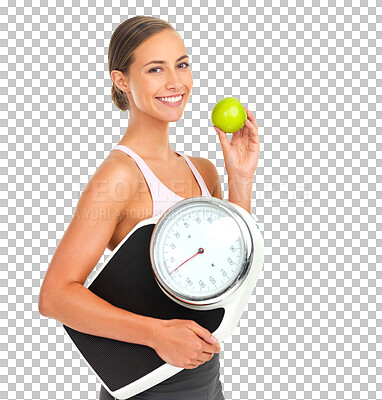 Buy stock photo Wellness, scale and portrait of woman with apple for health on png, isolated and transparent background. Fitness, weight loss and happy girl with fruit for nutrition, diet and detox for body workout