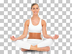 Fitness, yoga lotus and portrait of woman mock up. Zen chakra, pilates meditation and female model sitting and training for health, wellness or mindfulness isolated on a png background