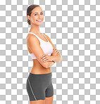 Fitness, portrait and woman with arms crossed ready for workout, exercise or training. Face, sports and confident female athlete preparing for running mock up isolated on a png background