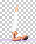 Fitness, yoga and feet of woman in air mockup. Zen chakra, pilates meditation and young female athlete training or stretching legs for health and wellness isolated on a png background