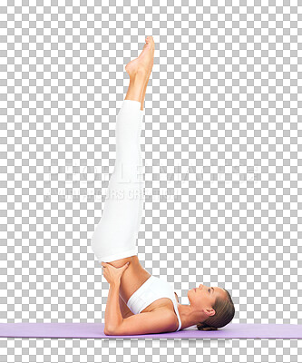 Fitness, yoga and feet of woman in air mockup. Zen chakra, pilates meditation and young female athlete training or stretching legs for health and wellness isolated on a png background