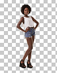 Model, woman and fashion portrait of a person from Chicago with vertical isolated on a png background. Black woman, studio and cool african young female isolated with mock up and afro hair style feeling trendy