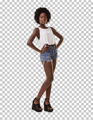 Buy stock photo Portrait, fashion and black woman with confidence, stylish outfit and girl isolated against a transparent background. Face, Nigerian female person and model with trendy outfit, png and edgy style