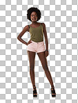 Fashion, portrait and black woman in a studio with a casual, edgy and stylish cool outfit. Beauty, full body and female model from South Africa with trendy clothes while isolated on a png background