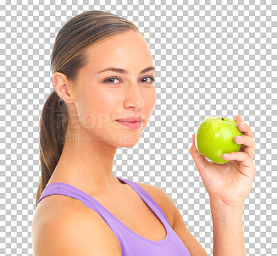 Buy stock photo Isolated woman, wellness portrait and apple for nutrition, lose weight and body fiber by transparent png background. Female model, fruit or diet for fitness, health and smile on face for natural food