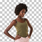 Fashion, beauty and portrait of black woman with confidence, elegant and attitude. Urban clothes, fashion model and Jamaican girl in studio with trendy, casual and summer style isolated on a png background