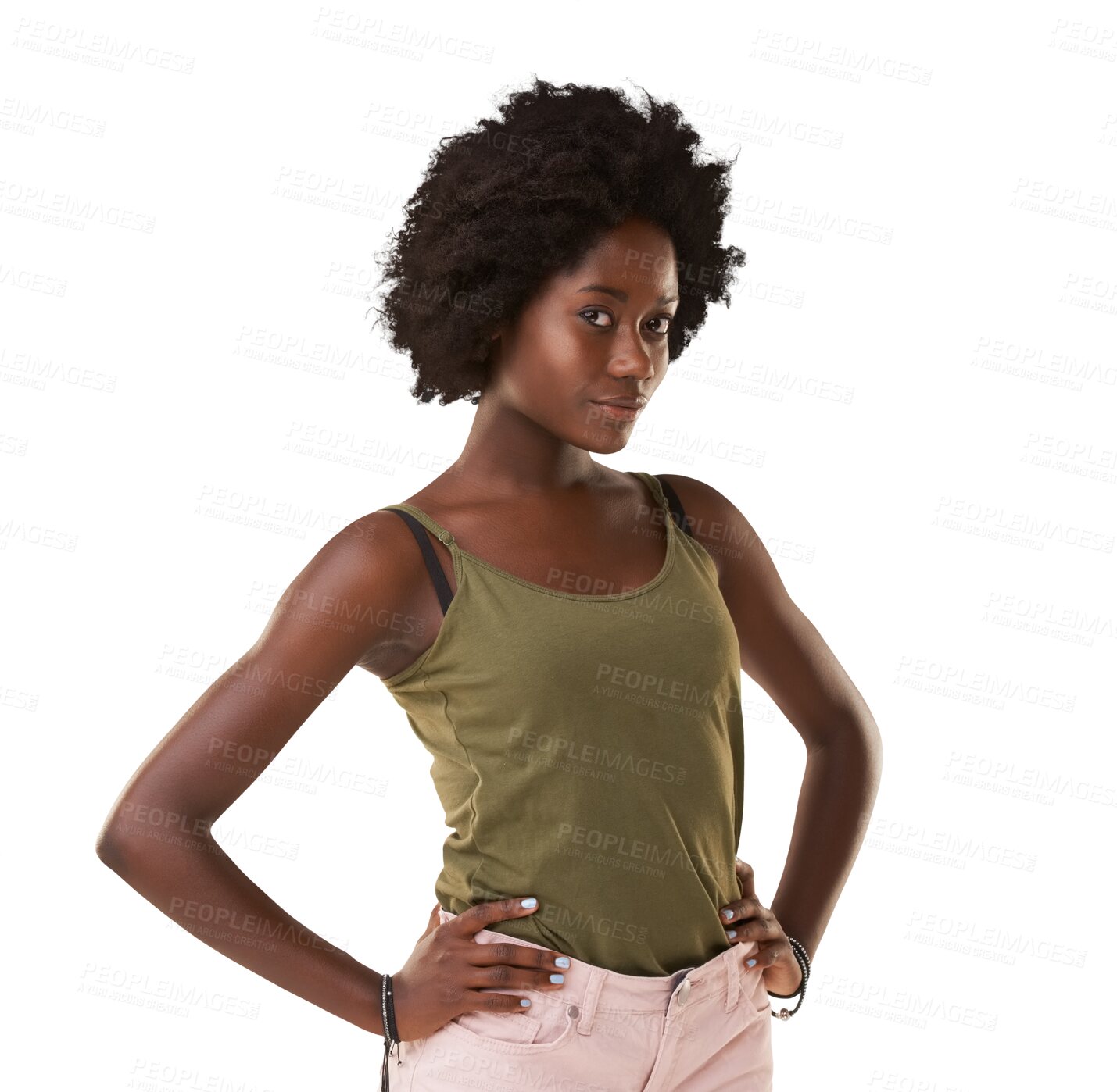 Buy stock photo Fashion, beauty and portrait of black woman with style, confidence and attitude. Female model from Jamaica with afro, trendy clothes and hands on hips isolated on a transparent, png background