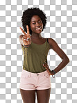 Portrait, peace sign and beauty of black woman. Natural cosmetics, fashion and happy, cool and stylish young female model with hand gesture, symbol or emoji isolated on a png background