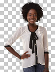 Portrait, fashion and afro with a black woman while standing hand on hip. Model, style and african with an attractive young female in contemporary clothes isolated on a png background