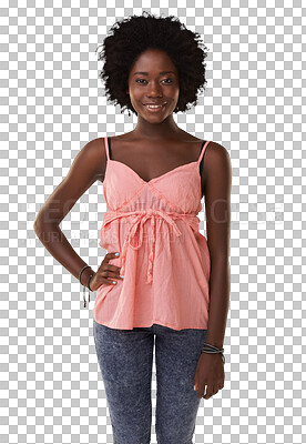 Buy stock photo Black woman, smile and portrait of fashion model with style, confidence and positive mindset. Happy female person from Jamaica with afro and trendy clothes isolated on a transparent, png background