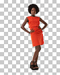 Fashion, portrait and black woman in dress with a fancy, luxury and stylish outfit. Style, trendy and African female model in cool, red and beautiful clothes isolated on a png background