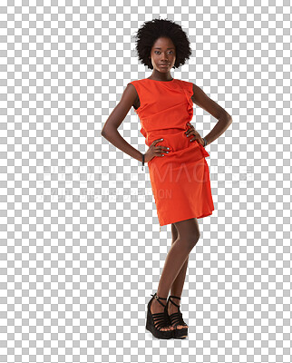 Buy stock photo Fashion, style and portrait of black woman with beauty, confidence and style. Female model from Jamaica with afro, designer clothes and hands on hip isolated on a transparent, png background