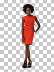 A Portrait, fashion and black woman in dress mockup. Beauty, makeup aesthetics or female model from Nigeria in designer, trendy or stylish high heels, shoes and red outfit isolated on a png background