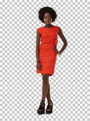 Buy stock photo Black woman, style and fashion portrait with beauty, confidence and style. Female model from Jamaica with afro, elegant dress or clothes and hand on hip isolated on a transparent, png background
