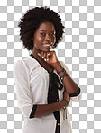 Portrait, fashion and thinking with a model black woman with her hand on chin. Face, style and smile with a happy young female posing with an idea for contemplation isolated on a png background