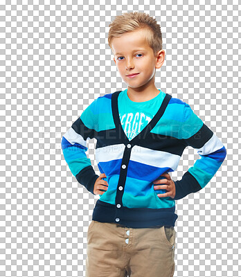 Boy, kid and standing in studio, isolated on a png background. Portrait of cute young child, model and casual kids lifestyle for healthy growth, youth development and confidence of school boy