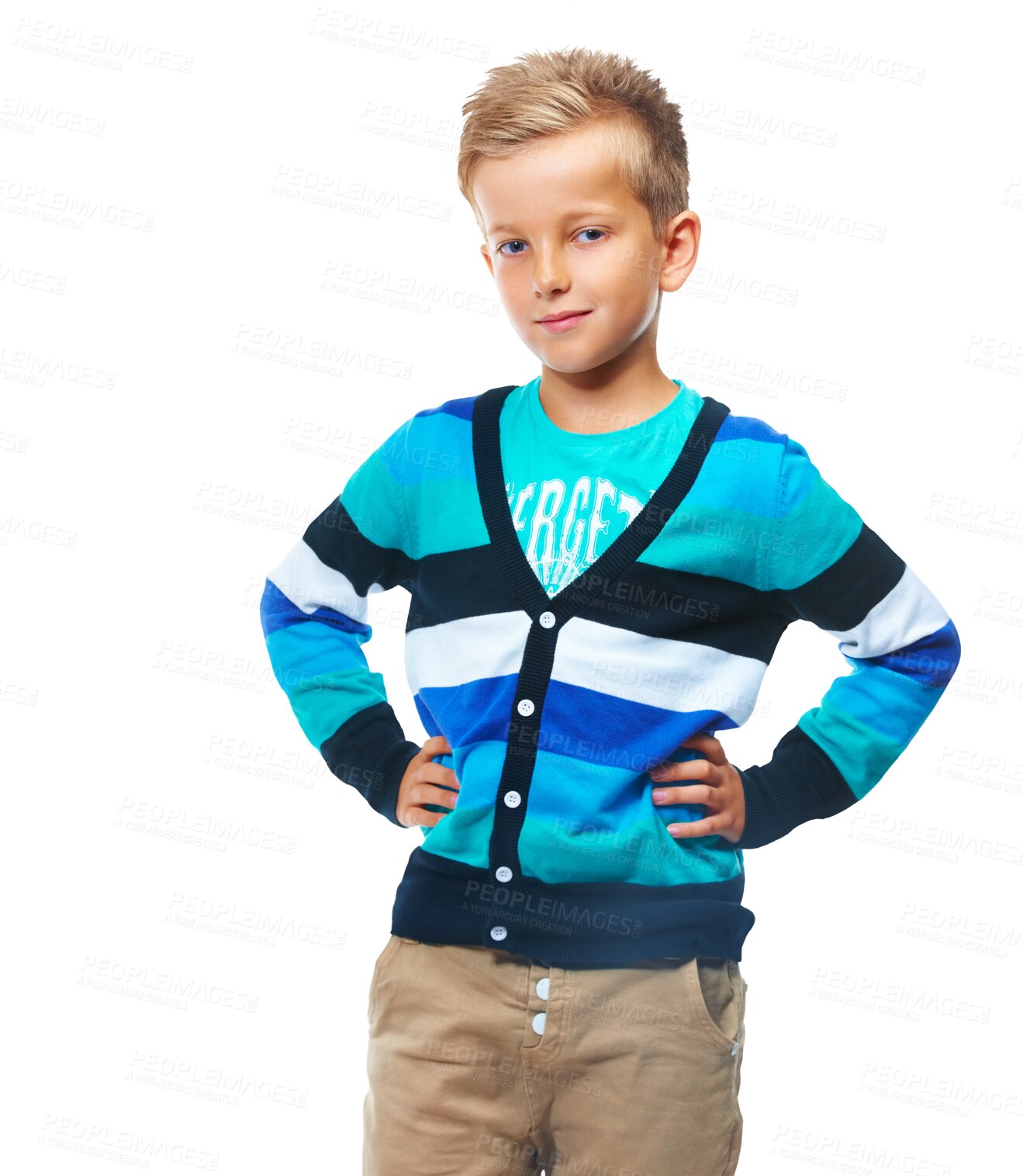 Buy stock photo Fashion, happy and portrait of a boy with a casual, trendy and cool outfit posing with confidence. Happiness, smile and child model with a positive mindset isolated by a transparent png background.