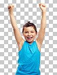 Children, portrait and winner with a boy standing arms raised in celebration. Success, wow and kids with a male child raising hands in victory on blank space isolated on a png background