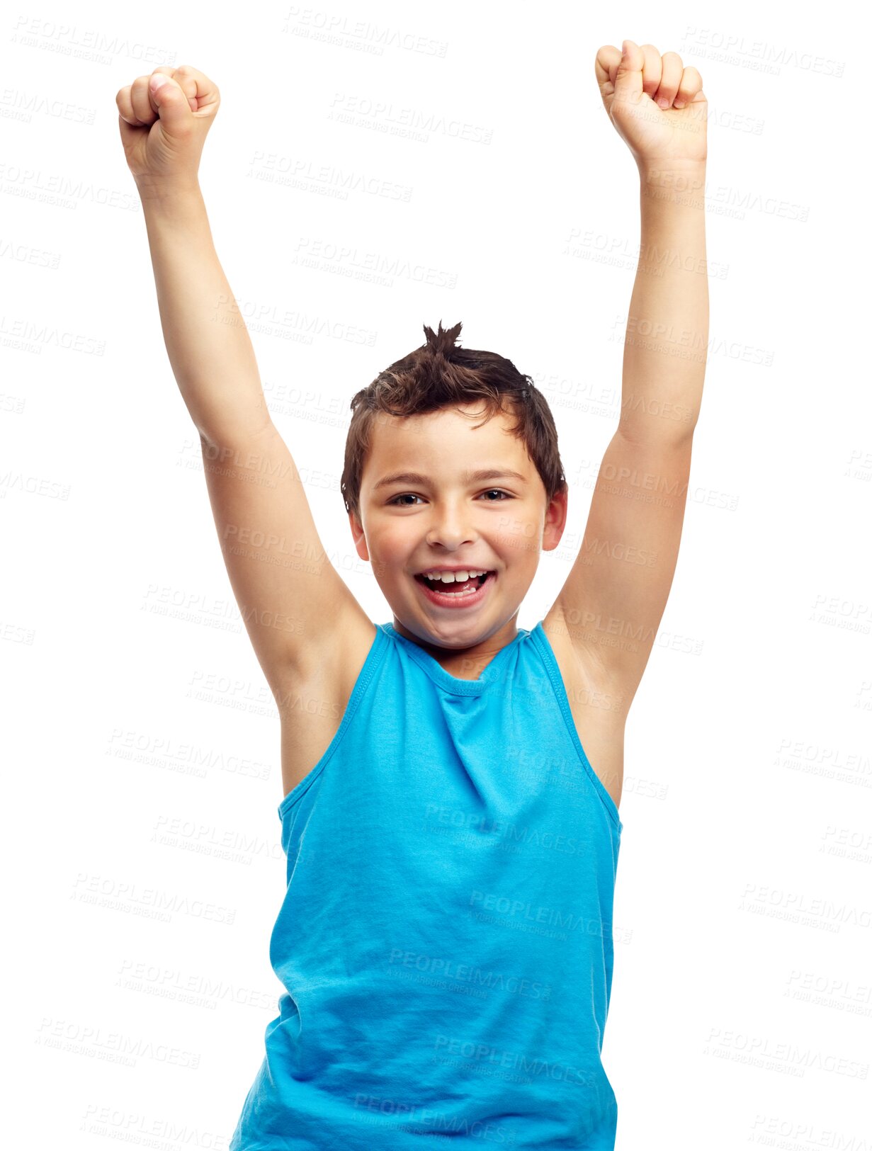 Buy stock photo Portrait, children and PNG with a winner boy isolated on a transparent background in celebration of victory. Kids, smile and happy with a young excited male child standing arms raised after winning