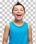 Boy, kid and laughing for studio portrait, isolated on a png background. Face of cute young child, model and funny kids lifestyle, meme and comedy for youth, confidence and happiness for smile