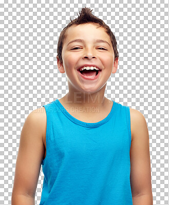 Buy stock photo Boy, kid and laughing for happy portrait isolated on a transparent, png background. Face of cute young child, model and funny kids lifestyle, meme and comedy for youth, confidence and happiness