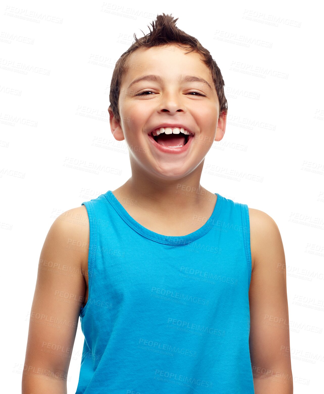 Buy stock photo Boy, kid and laughing for happy portrait isolated on a transparent, png background. Face of cute young child, model and funny kids lifestyle, meme and comedy for youth, confidence and happiness