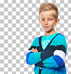 Fashion, young and portrait of boy on a isolated on a png background standing with crossed arms, trendy and casual clothes. Childhood, relax and kid isolated in studio with confidence, attitude and cool style