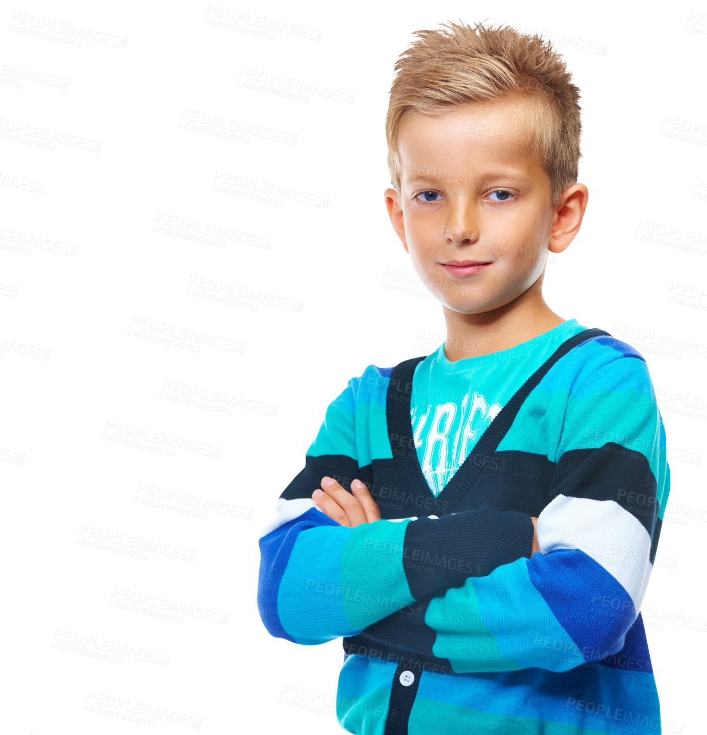 Buy stock photo Fashion, smile and portrait of a child with a casual, trendy and cool outfit posing with crossed arms. Happy, kid and boy model with a positive mindset isolated by a transparent png background.