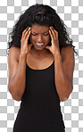 Headache, stress and burnout with an indian woman in studio isolated on a png background suffering from pressure. Mental health, anxiety and pain with a young woman holding her head in failure or worry