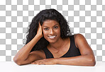 Portrait, beauty and mockup with a model indian woman for a product or brand. Face, happy and smile with a young female posing to promote product placement isolated on a png background