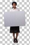 Black business woman, blank poster and smile portrait for advertising, marketing mockup and corporate banner. African girl, smile and branding motivation or billboard sign in isolated on a png background