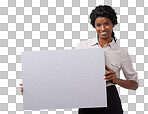 Woman, studio portrait and holding board for mockup, marketing and advertising by isolated on a png background ,corporate executive, blank poster or paper with happiness for branding, billboard or sign