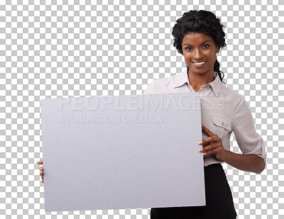 Buy stock photo Mockup, sign and portrait of woman with poster for advertising, product placement or marketing. Happy, smile and Indian female model with blank paper or board with mock up isolated by png background.