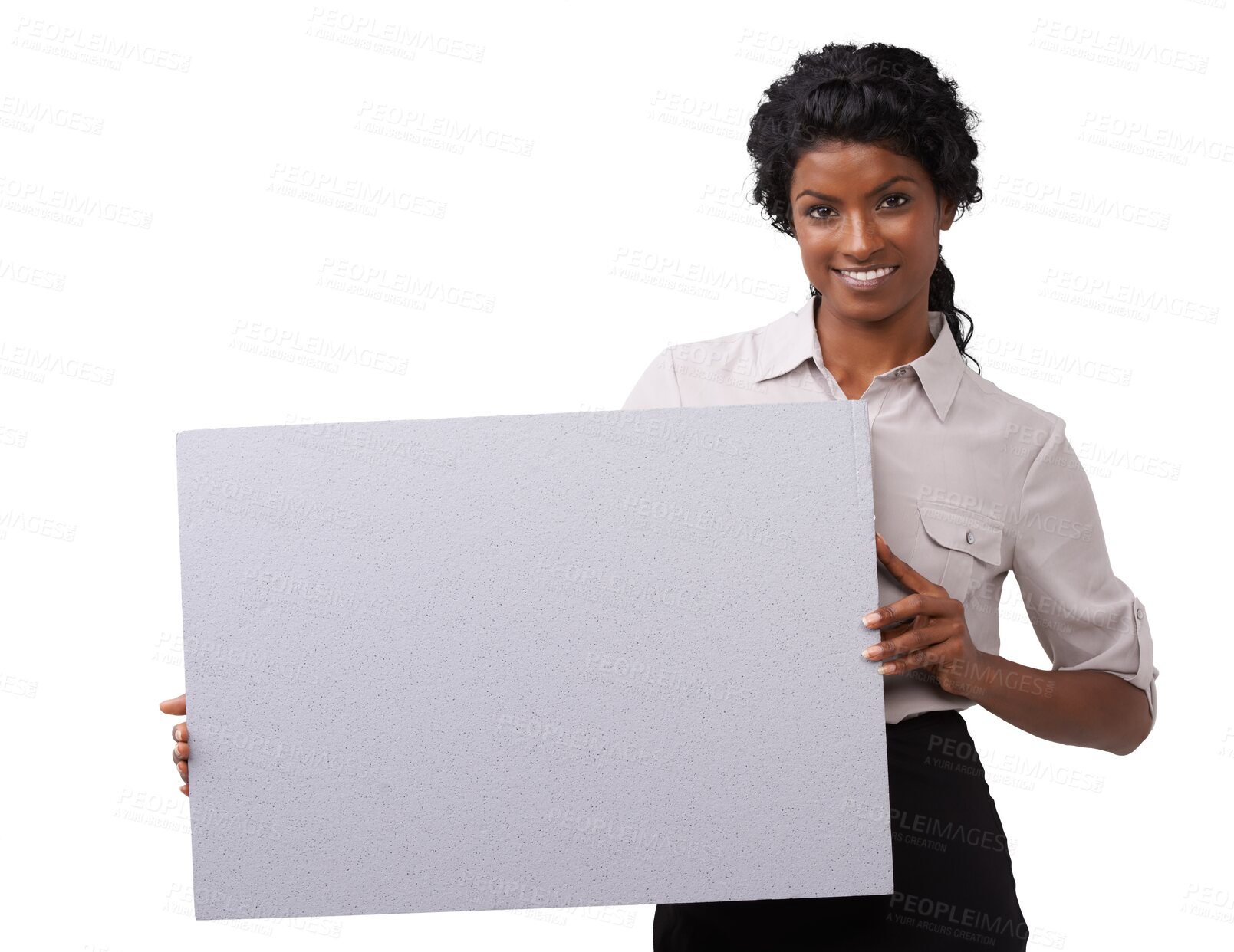 Buy stock photo Mockup, sign and portrait of woman with poster for advertising, product placement or marketing. Happy, smile and Indian female model with blank paper or board with mock up isolated by png background.