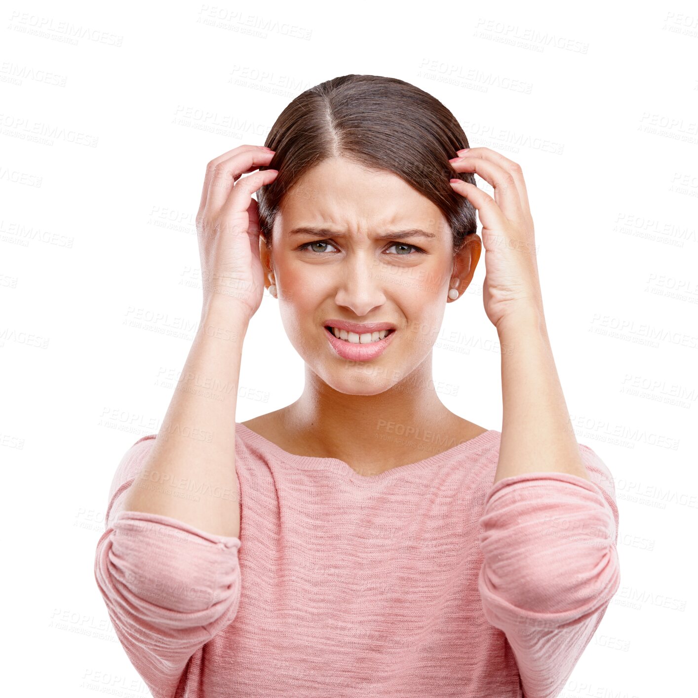 Buy stock photo Portrait, stress and frustrated with woman in pain with anxiety, depression and burnout fatigue. Mental health, sad and headache with face of girl for mistake isolated on a transparent png background