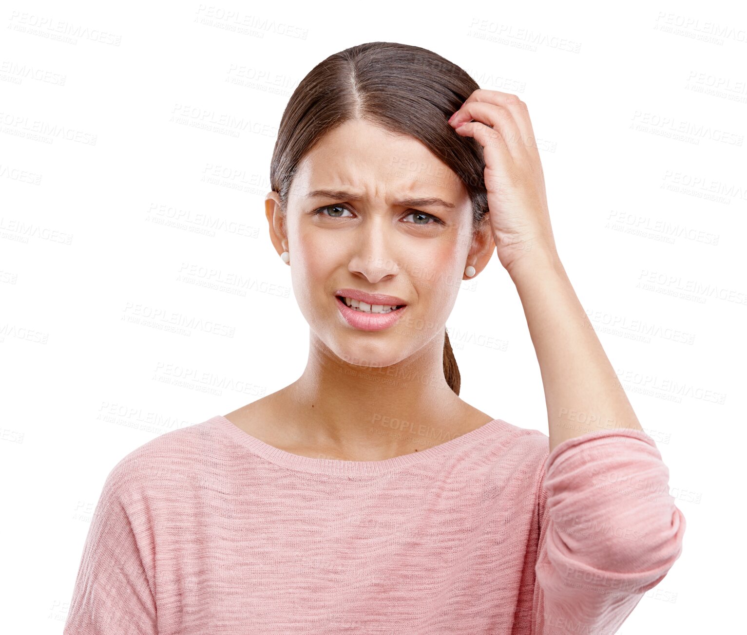 Buy stock photo Thinking, woman and confused with stress, portrait and lady isolated against a transparent background. Face, female person or model with pressure for decision, choice or thoughts with problems or png