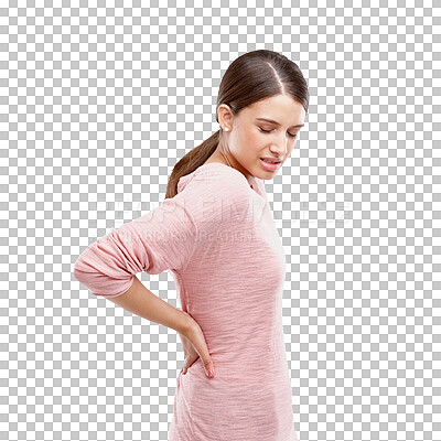 Buy stock photo Woman with back pain from stress, spine injury or health problem with a medical emergency. Injured, healthcare and female model with a muscle sprain, bruise or accident isolated by a png background.