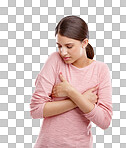 Gender dysmorphia, woman and anxiety of a model holding breast feeling stress. vulnerable and isolated person with worry for breast cancer awareness or health care isolated on a png background