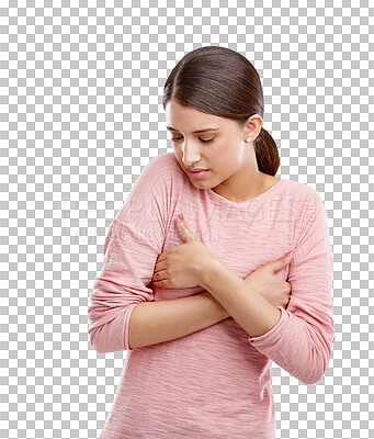 Buy stock photo Gender dysmorphia, woman and anxiety of a model holding chest with stress. Check, vulnerable and a person with worry for breast cancer awareness or healthcare isolated on transparent png background