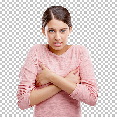 Buy stock photo Portrait, breast cancer and PNG with a woman isolated on a transparent background for health or awareness. Healthcare, medicine and anatomy with an attractive young female covering her chest in pain