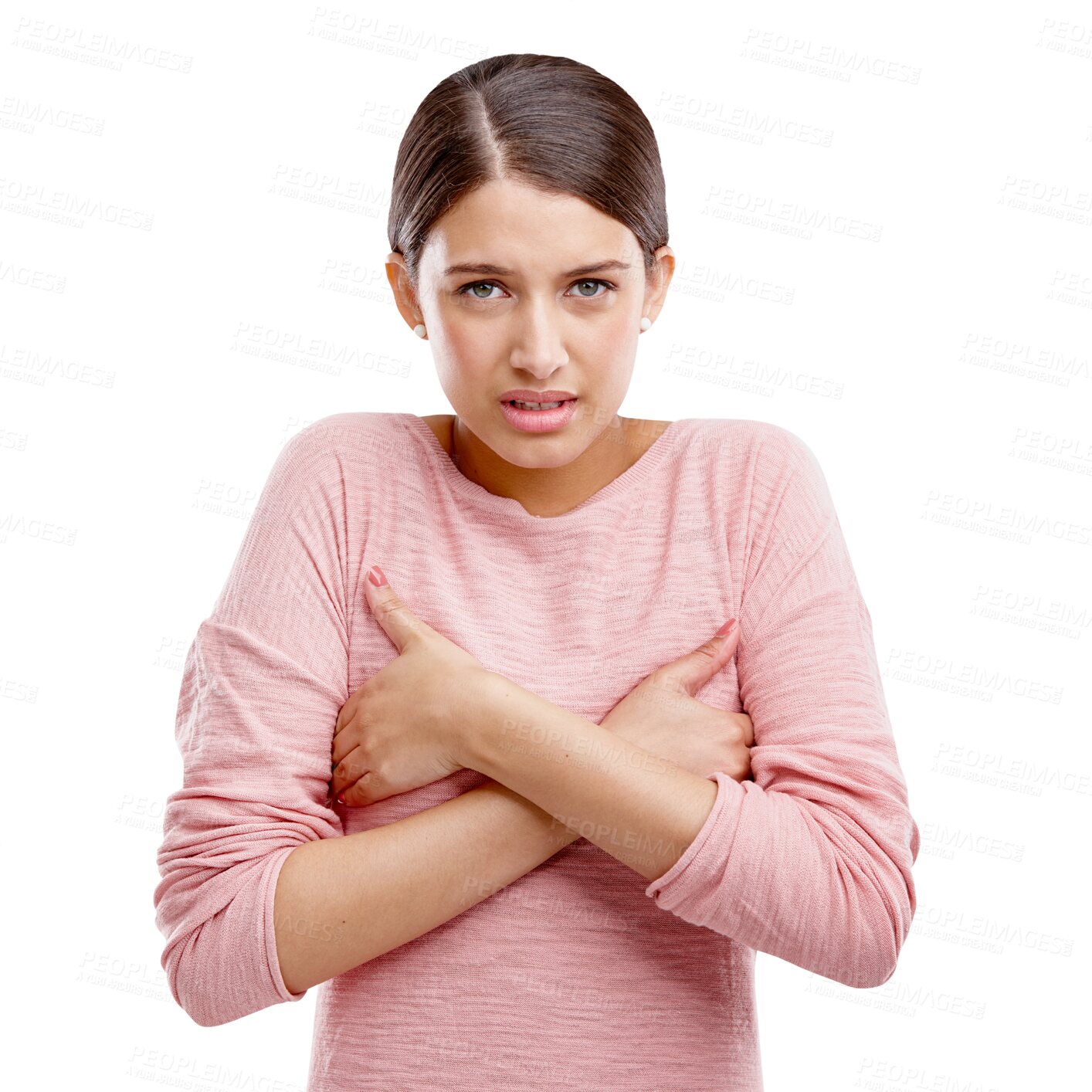 Buy stock photo Portrait, breast cancer and PNG with a woman isolated on a transparent background for health or awareness. Healthcare, medicine and anatomy with an attractive young female covering her chest in pain