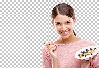 Happy, woman and smile with healthy breakfast bowl of cereal against a isolated on a png background. Portrait of isolated young female model smiling holding muesli for health, nutrition or fiber on mockup