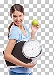 Apple, scale and diet of woman in studio isolated on a png background for health, lose weight and portrait. Green fruit, body goals and model smile for her detox results, food commitment and wellness