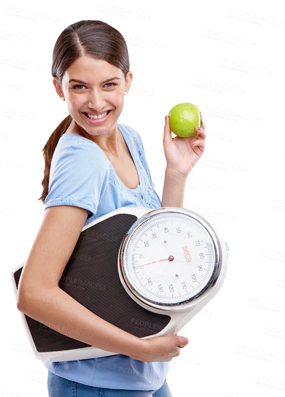 Buy stock photo Woman in portrait with smile, scale and apple, weightloss and nutrition isolated on transparent, png background. Clean eating, healthy food and wellness with happy model, organic fruit and vegan