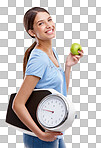 Apple, scale and diet of woman  health, lose weight and portrait. Green fruit, healthy goals and model smile for detox results, food or wellness marketing mockup isolated on a png background