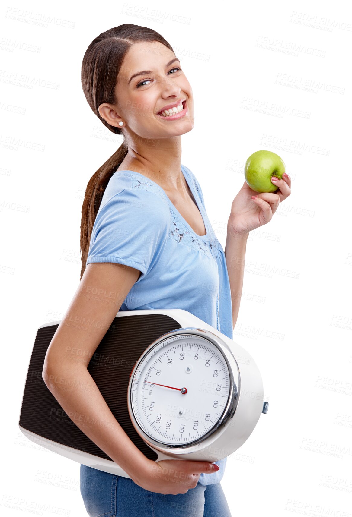 Buy stock photo Happy woman in portrait with smile, scale and apple, weightloss and nutrition isolated on transparent, png background. Clean eating, healthy food and wellness with female, organic fruit and vegan